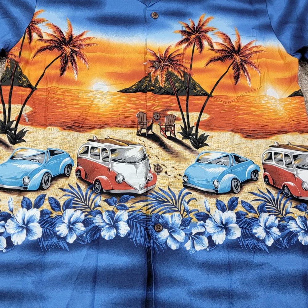 Aloha Republic Mens Medium Hawaiian Shirt Blue Sunset Beach Surf Van Made in USA